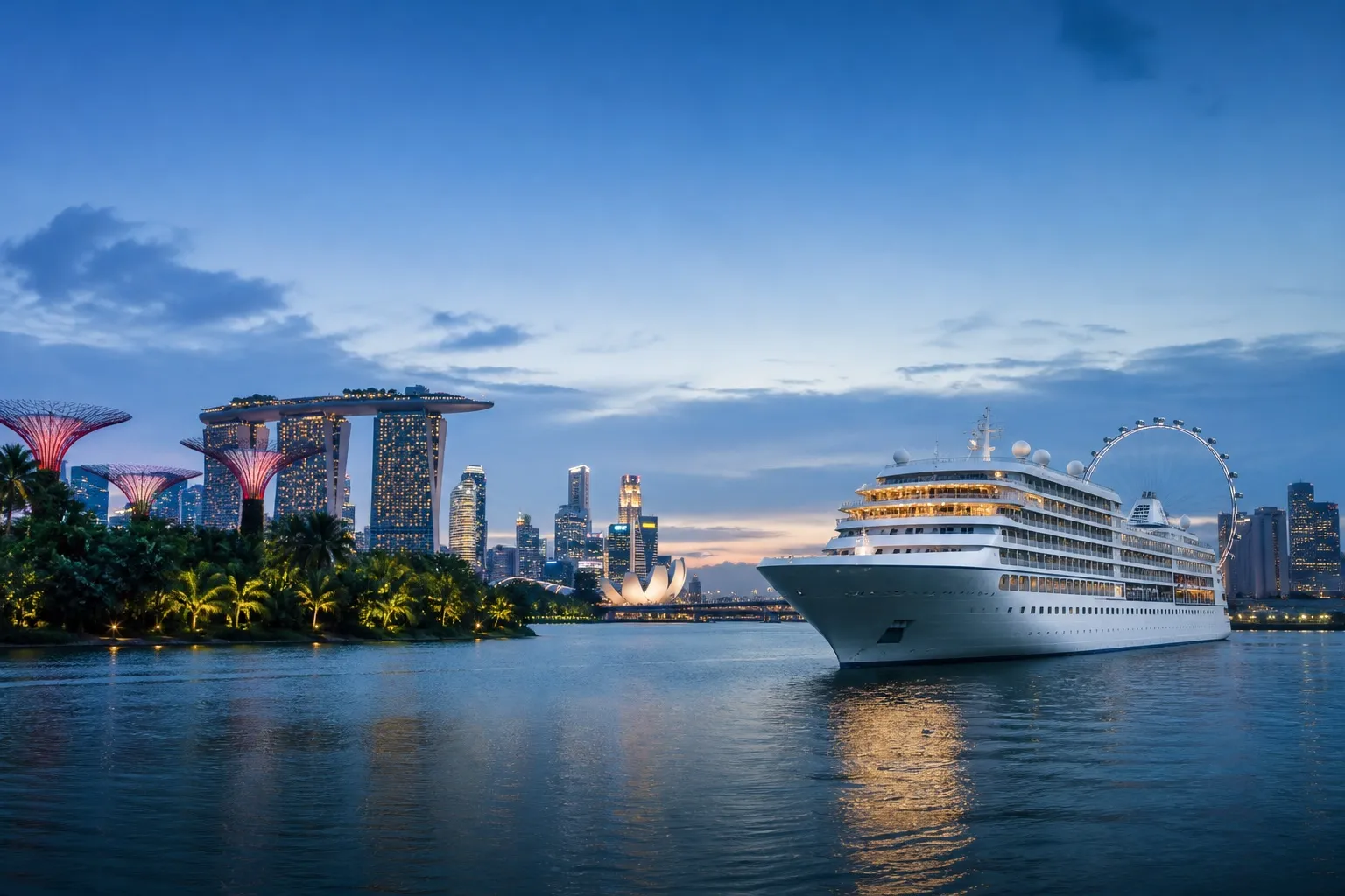 Cruise ship approaching Singapore’s waterfront skyline at twilight