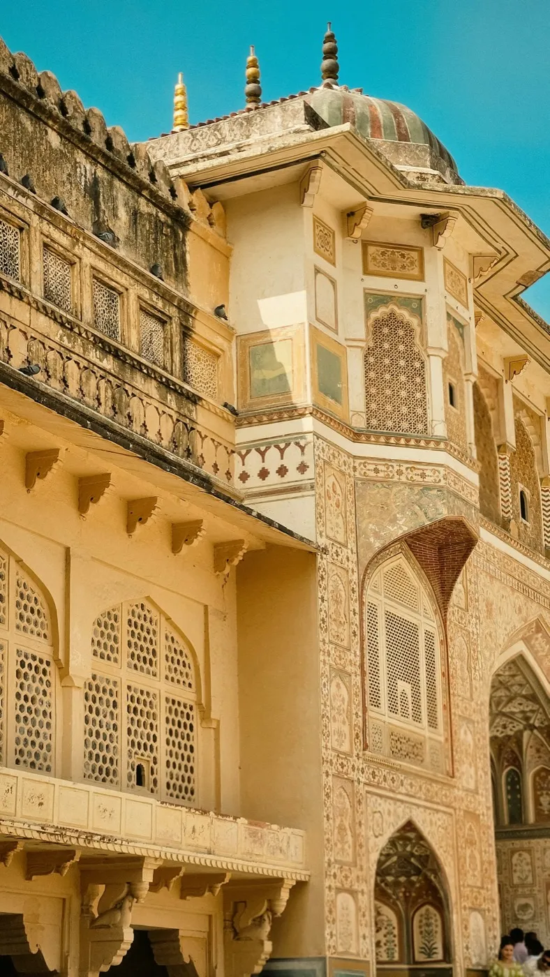Detailed historic architecture at Amber Fort in Jaipur