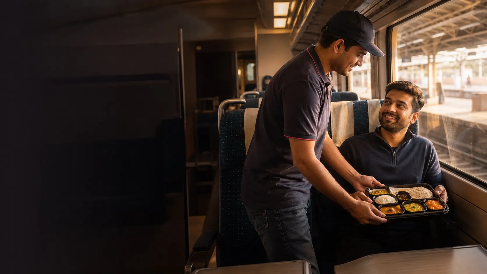 Indian train passenger receiving a freshly packed meal at his seat