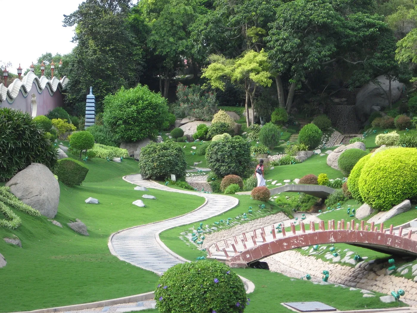 Landscaped Japanese garden with bridges inside Ramoji Film City