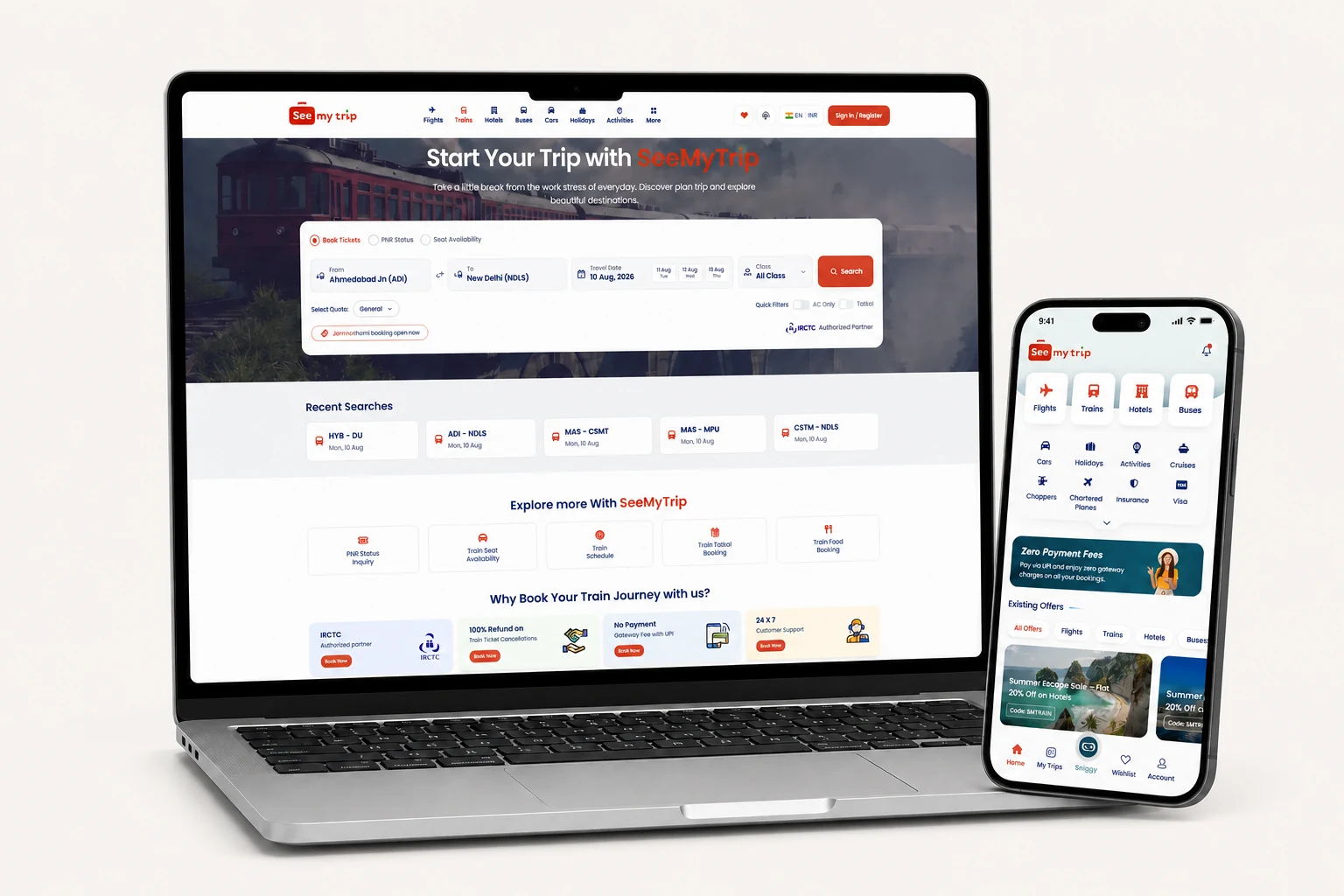 SeeMyTrip web and mobile booking platforms displayed on a laptop and smartphone
