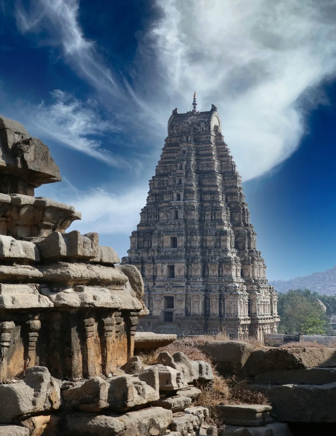 Historic stone temple architecture at Hampi