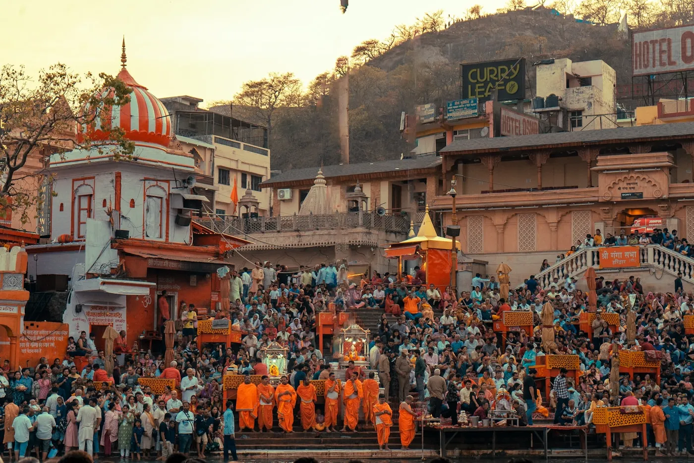 Pilgrims gathered for an evening ceremony at Haridwar