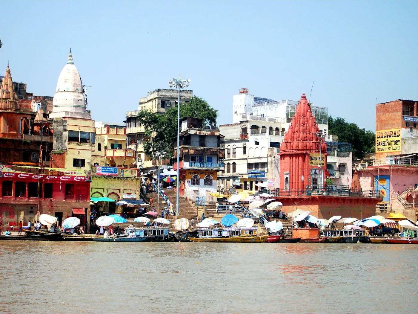 Temples and boats along the ghats of Varanasi